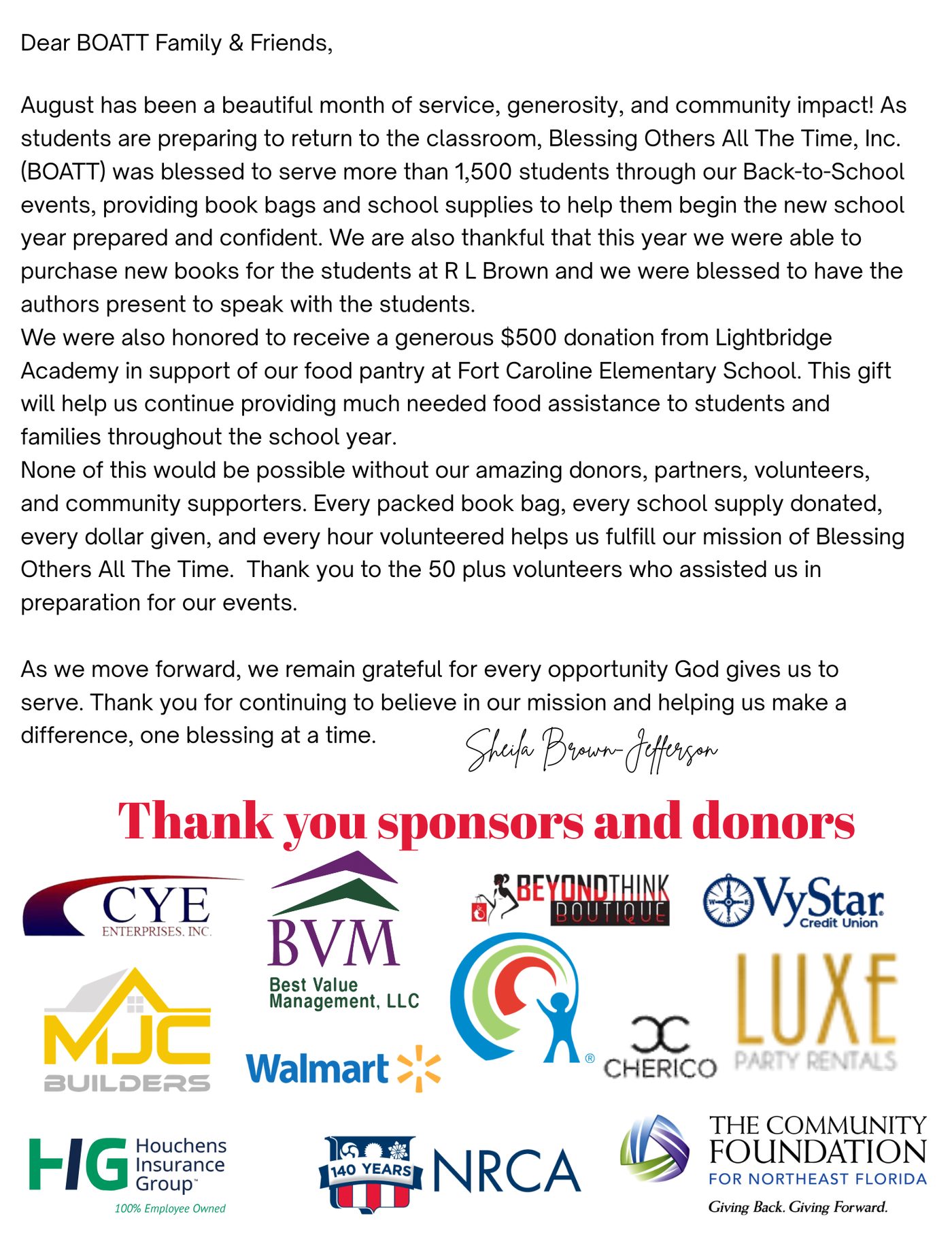 B.O.A.T.T. August 2026 Impact, Page 1 — A Message from CEO Sheila Brown-Jefferson and Thank You to Sponsors and Donors