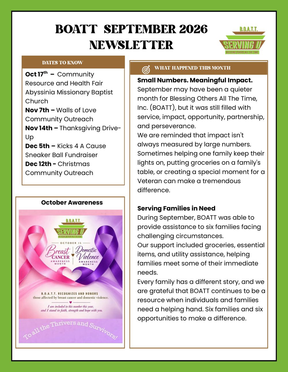 B.O.A.T.T. September 2026 Newsletter, Page 1 — Dates to Know, What Happened This Month, and October Awareness