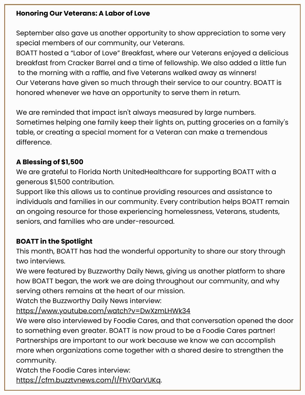 B.O.A.T.T. September 2026 Newsletter, Page 2 — Honoring Our Veterans, a $1,500 blessing from UnitedHealthcare, and BOATT in the Spotlight