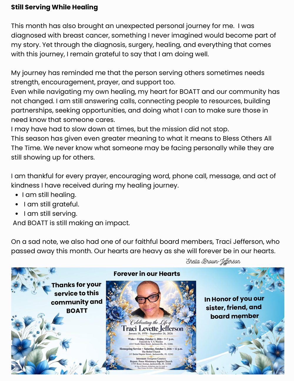 B.O.A.T.T. September 2026 Newsletter, Page 3 — Still Serving While Healing, and a tribute to board member Traci Jefferson